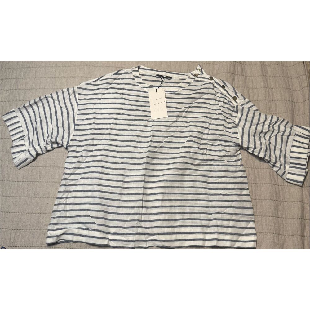 NWT Zara blue and white striped linen-blend top, Womens Size L